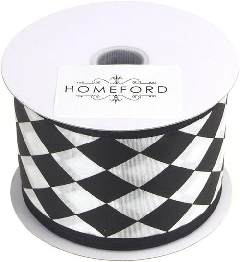Homeford Harlequin Diamond Print Satin Wired Ribbon, 2-1/2-inch, 10-Yard, Black/White...