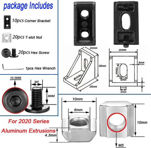 10Sets 2020 Corner Bracket Connectors for 2020 Series 6mm Slot Aluminum Extrusion Profile Accessories(Black)...