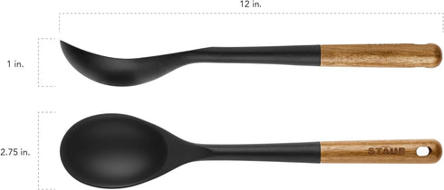STAUB Serving Spoon, Great for Scooping Sides and Serving Hearty Stews, Durable BPA-Free Matte Black Silicone, Acacia Wood Handles, Safe for Nonst...