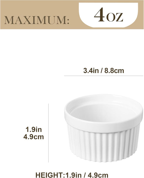 MALACASA Ramekins 4 oz Oven Safe, Porcelain Creme Brulee Ramekins Pudding Custard Cups Small Ceramic Souffle Dishes Ramakan Ramiken Ramicans Bakin...