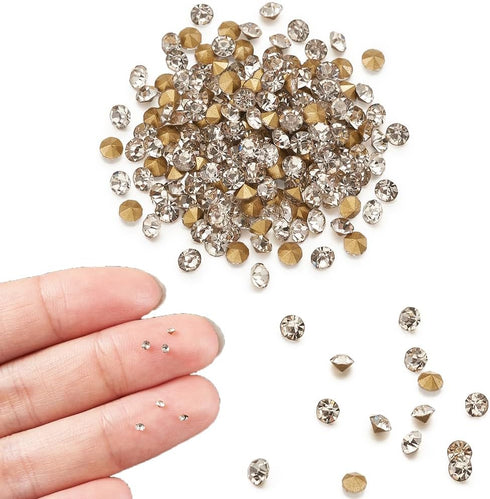 Fashewelry 2mm Pointed Back Clear Glass Rhinestone 1440Pcs Faceted Diamond Loose Stone with Golden Back Mini Crystal Diamante Gems for Nail Art Cr...