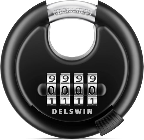 DELSWIN 4 Digit Combination Disc Padlock with Hardened Steel Shackle Combo Lock for Sheds, Storage Unit, School Gym Locker and Fence (Black,1Pcs)...