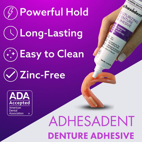 Dr. B Dental Solutions Adhesadent Moisturizing Denture Adhesive - Secure Denture Glue with Strong Grip & Natural Taste - Zinc-Free Dental Adhesive...