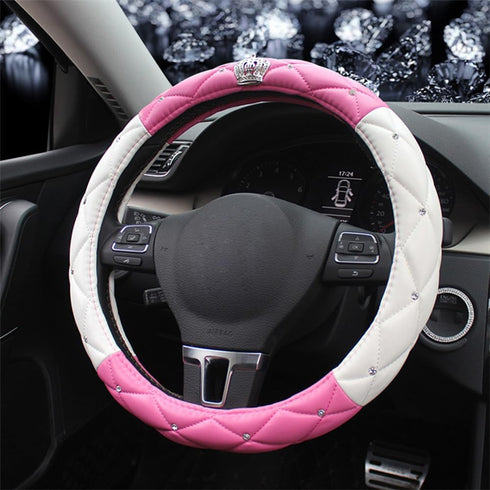 Bling Crown Leather Steering Wheel Cover Women Crystal Rhinestones Diamond Steering Covers 15inch Non Slip Car Protector Accessory Universal Fit M...