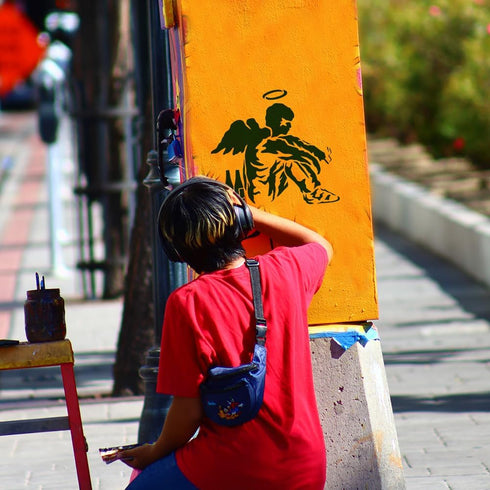 FINGERINSPIRE Banksy Fallen Angel Stencil 11.8x11.8inch Reusable Fallen Angel with Wine Bottles Pattern Painting Template DIY Art Banksy Theme Ste...