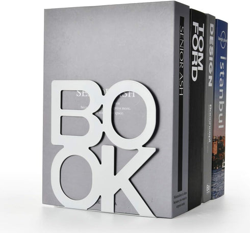 Book Ends - Decorative Metal Book Ends Supports for Bookrack Desk,Books, Unique Appearance Design,Heavy Duty (White)...