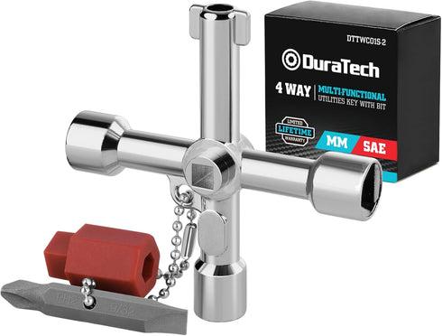 DURATECH 4 Way Sillcock Key with Bit, Multi-functional Water Key, Cross Key, 1-Pack, for Valve, Faucet, and Spigots...