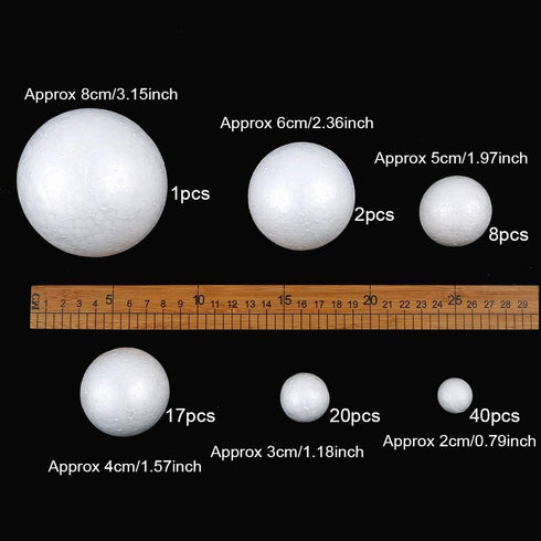 Pllieay 88 White Foam Balls - 6 Sizes, Polystyrene Craft Balls for DIY Art, Household and School Projects...