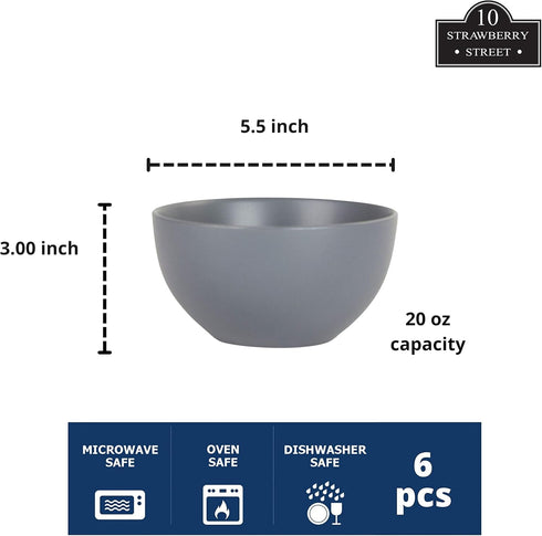 10 Strawberry Street Wazee Matte 5.5"/16oz Cereal Bowl, Set of 6, Charcoal Gray...