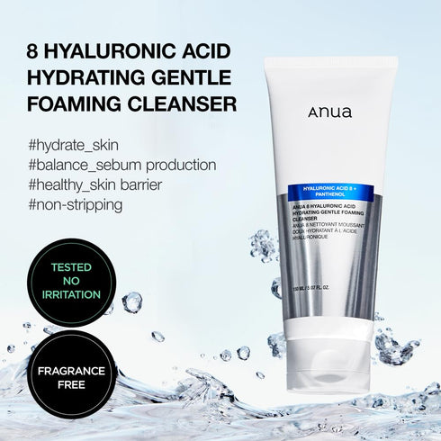 ANUA Hydrating Gentle Foaming Cleanser, Hyaluronic Acid, Glycerin, Zinc, Panthenol, Korean Face Wash for Dry Skin, for Double Cleansing, Korean Sk...