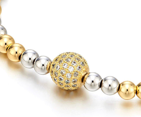 COOLSTEELANDBEYOND Beautiful Gold Silver Two-Tone Beads Bracelet for Women with Cubic Zirconia Ball...