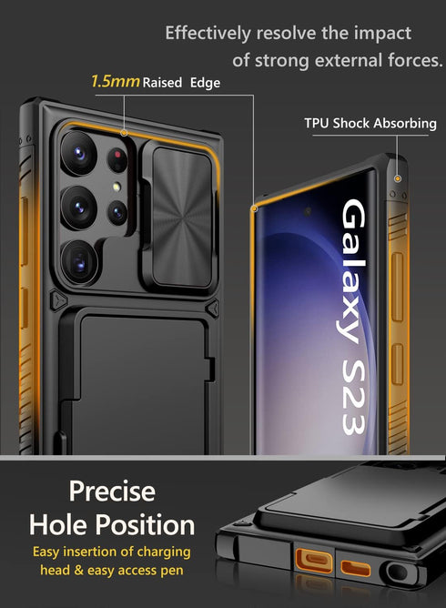 Vihibii Case with Card Holder (4 Cards) & Sliding Camera Cover & Kickstand, Shockproof Rugged Hard Back & TPU Edge Wallet Case for Samsung Galaxy ...