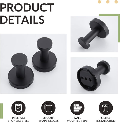 APLusee Bathroom Towel Hook 2 Pack, Stainless Steel Round Coat Robe Hanger, Contemporary Decorative Toilet Kitchen Clothes Wall Holder (Matte Blac...