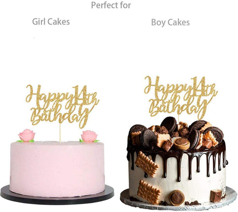 Gold Glitter Happy 14th birthday cake topper, Gold 14 years old birthday party decorations, girl or boy birthday cake toppers...