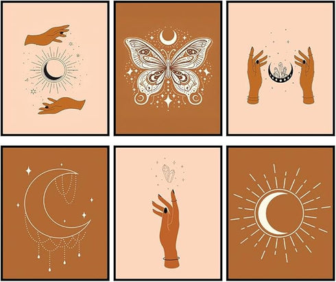 Posterizer 6 pcs-Neutral Astrology Sun and Moon Spiritual Boho Print-Astrology Zodiac Art-Abstract Modern -Gift for Street Art, Mural Fans-Decor f...