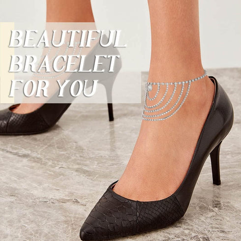 ELABEST Boho Rhinestone Ankle Bracelets 2pcs Crystal Tassel Anklet Layered Ankle Bracelets High-heeled Tennis Foot Chain Wedding Jewelry Accessori...
