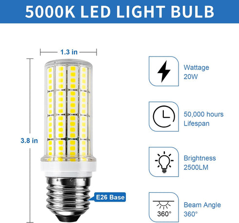 LED Corn Light Bulb 200w Equivalent 2500 Lumen 5000K Cool Daylight White 20W E26/E27 Base Ceiling Fan Led Light Bulb for Home Garage Warehouse Ind...