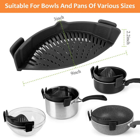 YEVIOR Clip on Strainer for Pots Pan Pasta, Silicone Food Strainer Hands-Free Pan Strainer, Clip-on Kitchen Food Strainer for Spaghetti, Pasta, Gr...
