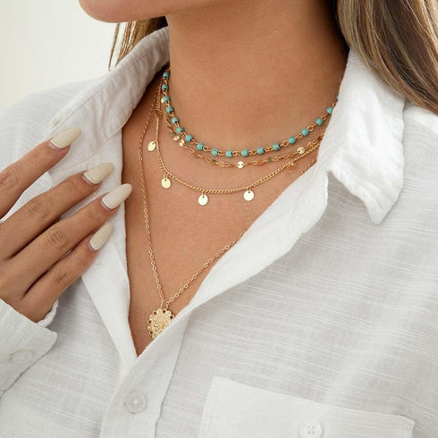 Boho Choker Women Necklace Gold Turquoise Coin Pendant Layered Necklaces Chain Glitter Bohemia Sequin Tassel Necks Jewelry for Women...