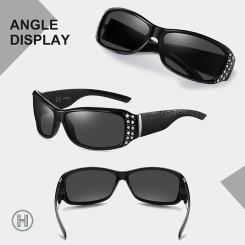 Women's Polarized Rhinestone Sunglasses - Elegant Rectangle Frame with Bling UV400 Protection...