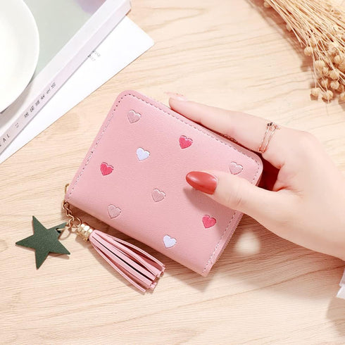 PU Leather Purse Wallet with Star Pendant Womens Credit Card Holder Small Purses with Card Slots Zipper Coin Purse with Embroidery Heart Pink...