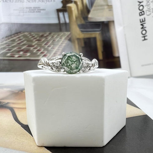 Moss Agate Ring for Women Silver Vintage Open Green Gemstone Rings for Wedding Fashion Engagement Jewelry Gifts...