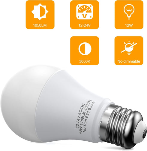 12V LED Light Bulbs, 12W 1050LM Warm White 3000K, 80W Equivalent 12-24Volt Low Voltage E26 Base AC/DC Light Bulbs for Off Grid Solar Lighting Mari...