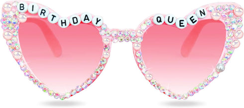 Birthday Glasses for Women, Birthday Queen Sunglasses Pink Heart Shaped Shiny Bling Diamond Pearl Sunglasses for Girl Happy Birthday Party Gift Su...