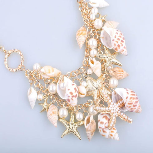 Bohemian Shell Drop Dangle Choker Necklace Large Star Starfish Conch Pearl Chunky Statement Necklace Boho Summer Beach Wedding Seaside Vacation Ac...