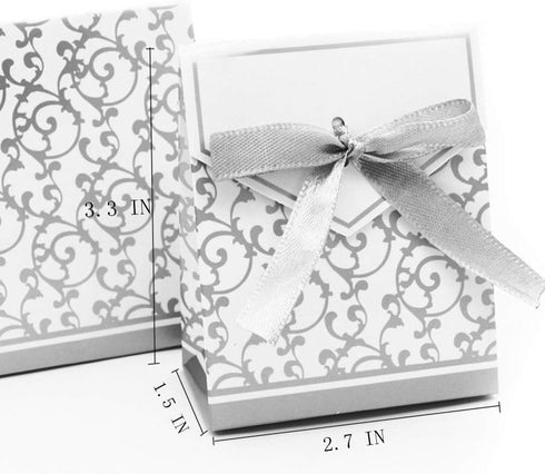 KUPOO 50PCS Candy Boxes,Silver Ribbon Wedding Favor Boxes Candy Bag Cake Box for Wedding Party Decoration Easter (silver)...