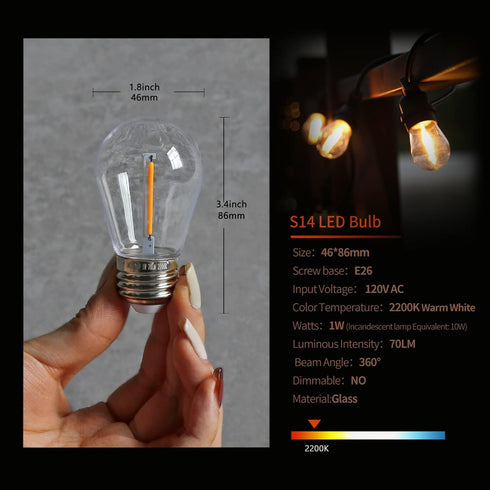 S14 Replacement LED Light Bulbs E26 Base Vintage LED Edison Filament Bulbs 1W Equivalent to 10W Warm White 2200k Outdoor String Light Bulbs Clear ...