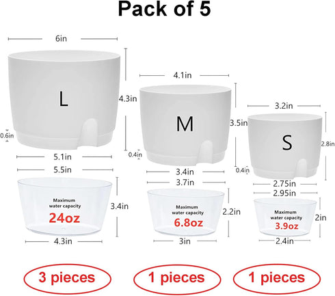 Plant and Flower Pot Set, 5 Pack 6/4.1/3.2 Inch Self Watering Pots for Indoor Plants Wicking Pots, Modern Decorative Planter Pot for House Plants,...