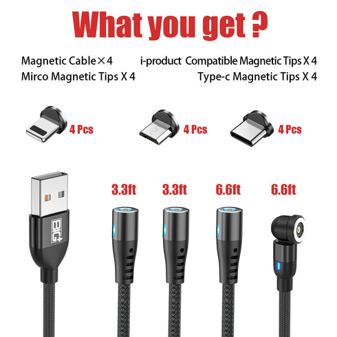 Magnetic Charging Cable 4 Pack- (6.6ft/6.6ft/3.3ft/3.3ft) 360° 3-in-1 Magnetic USB C Charging Cable | LED Light Nylon Braided Magnetic Cable for i...