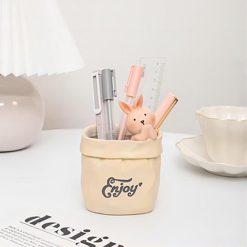 Cute Pen Holder for Desk,Creative Cute Pet Pencil Holder,resin material, Nordic Retro Style Pen Organizer for Desk, Makeup Brush Organizer (Rabbit...