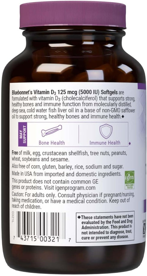Bluebonnet Nutrition Vitamin D3 5000 IU Softgels, Aids in Muscle and Skeletal Growth, Cholecalciferol from Fish Oil, Non GMO, Gluten, Soy & Dairy ...