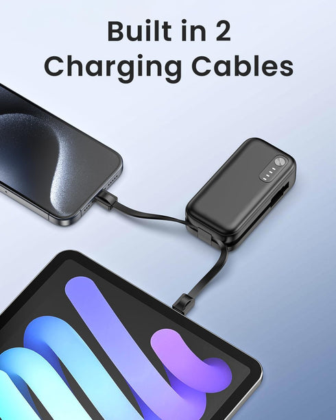Small Portable Charger with Built-in Cables - 15W QC3.0 Fast Charing USB C Power Bank 5000mAh, Portable External Battery Pack for iPhone 15/14/13 ...