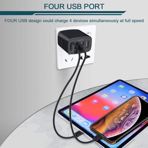 Wall Charger, USB Charger Adapter, AILKIN 4.8A 4Multi Port Fast Charging Station Power Base Block Plug Cube Brick for iPhone 15 14 SE 13 12 11Pro ...