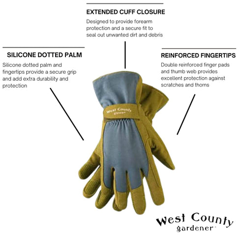 West County 074S/L Classic Gloves – Large, Slate, Gardening Gloves w/ Extended Cuff, Dotted Palm and Finger Tips...
