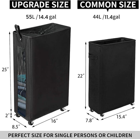 ZERO JET LAG 25 Inches Slim Laundry Storage Hamper - Large Rolling Clothes Hamper - Rolling Storage Bin - Tall Corner Basket - Clear Window Visibl...