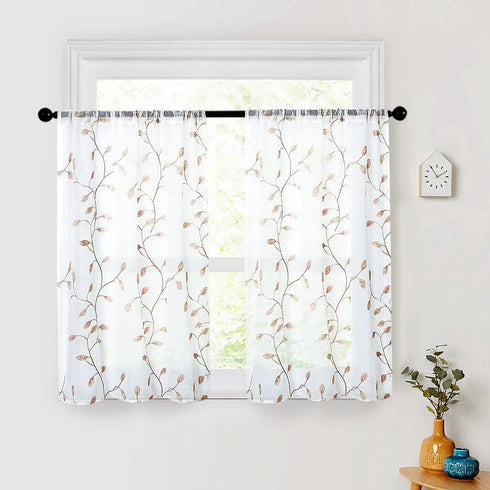 MRTREES Sheer Tier Curtains White, Voile Bathroom Tiers Rod Pocket, Leaves Embroidery Bedroom Curtain Panels Half Window Treatment for Living Room...