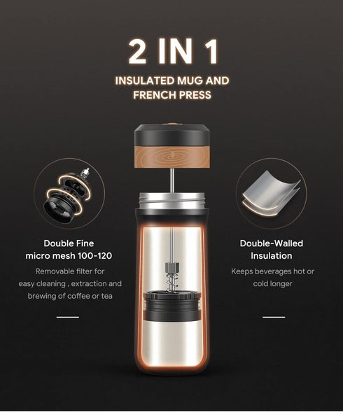The Original Portable French Press Stainless Steel Coffee Maker Premium Vacuum Insulated Travel Mug Hot & Cold Brew French Presses (Black upgraded...