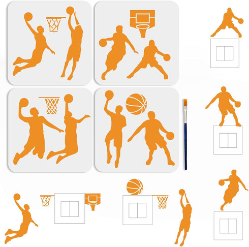4pcs Basketball Player Stencils 7.8×7.8inch Basketball Stencils with Paint Brush Shooting Dribbling Basketball Theme Template Decor on Walls Fabri...