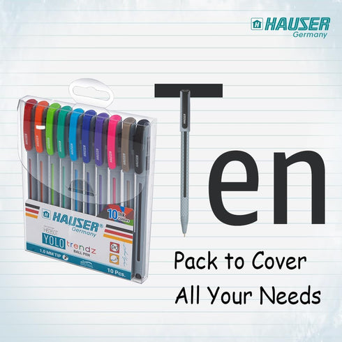 HAUSER YOLO Trendz Ballpoint Pens – 10 Pack, 1.0mm Colorful Pens for Note-Taking, School, Back to College Essentials, and Teacher Supplies...