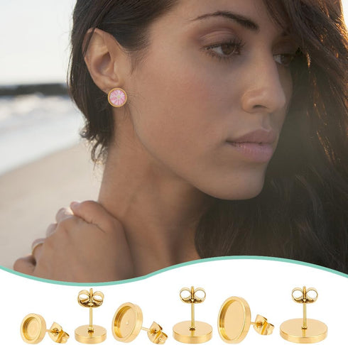 UNICRAFTALE 18 Sets 3 Sizes Stainless Steel Stud Earring Findings Stud Earring Cabochons Tray 6/8/10mm Golden DIY Blank Dome Earring Making Kits w...