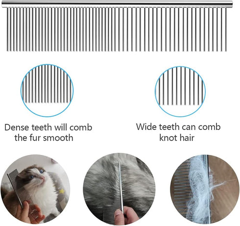 Dog Combs for Grooming, 2 Pack Metal Dog Comb with Rounded Teeth, Stainless Steel Cat Comb for Removing Tangles and Knots for Dogs and Cats...