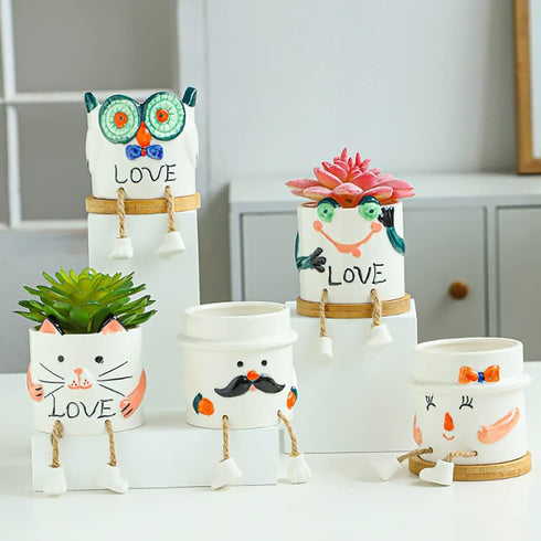 Smooth Glazed Ceramic Planter with Hanging Leg, Cute Cartoon Flower Plant Pots Drainage Hole Small Succulent Pots for Mini Flower Planters Cactus,...