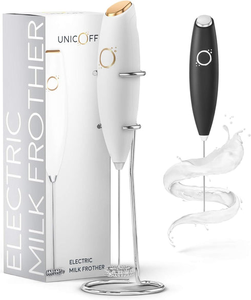 Milk Frother White - Coffee Frother Handheld with Electric Whisk - 19000 rpm - Book Recipes and Stainless Steel Stand Included - Hand Mixer Electr...