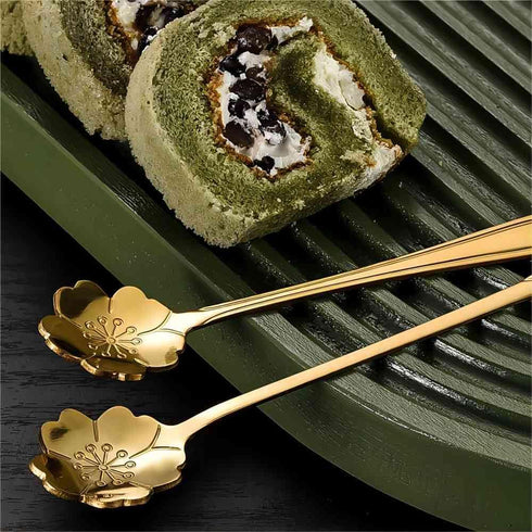 16 Pieces Flower Spoon Coffee Teaspoon 7 Inch Stainless Steel Long Handle Spoon Stir Bar Spoon Stirring Spoon Ice Cream Spoon Gold Sakura Shaped...