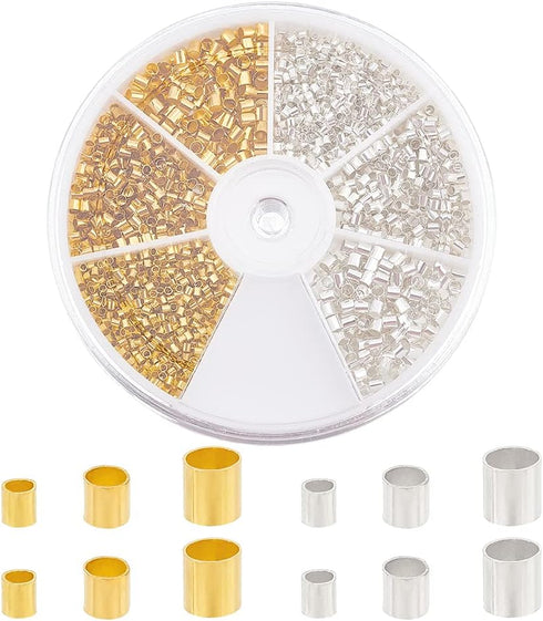 PH PandaHall Crimp Tube Beads, 3000 Pcs 1.5mm 2mm 2.5mm Brass Tube Crimp End Spacer Beads Cord End Caps Loose Stopper Bead for Earring Necklace Pe...