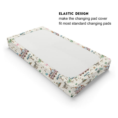 Baby Zoo Safari Animals Train Changing Pad Covers Leopard Giraffe Zebra Hippo Flamingo Tropical Leaves Baby Changing Table Pad Sheet for Boy Girl ...